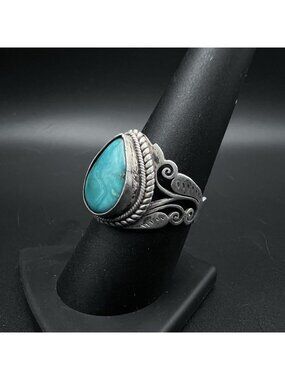 Vintage Sterling Silver Malachite Statement Ring Southwestern Teardrop Size 8.5